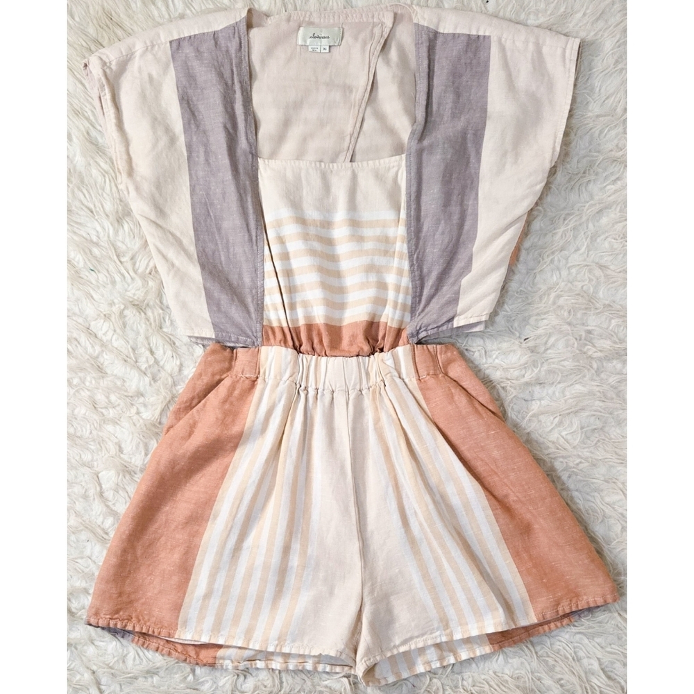 Anthropologie Striped Colorblock Linen Romper in Blush, Cream & Taupe